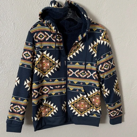 Canyon Creek Sherpa Lined Full Zip Hoodie Aztec Print Womens Medium - Picture 1 of 4